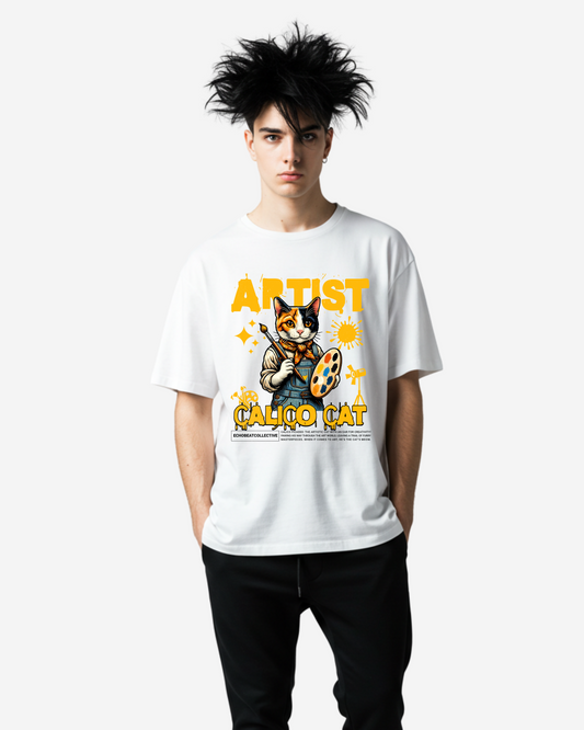 Calico Cat Cute Artist Painting Men's Oversized T-Shirt